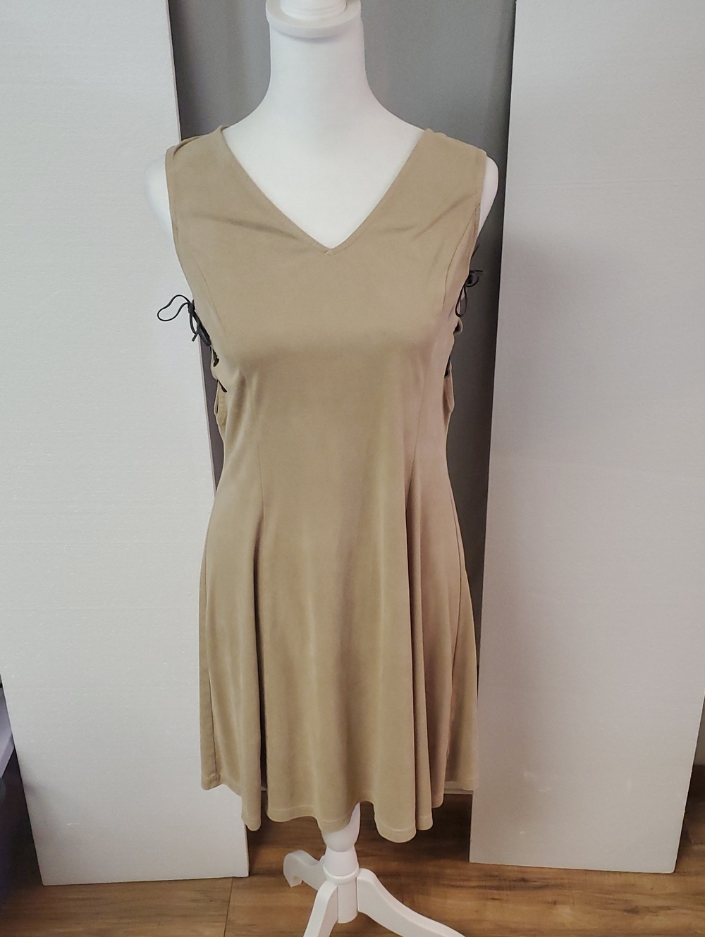 Doe & Rae Taupe Suede V-Neck Mini Dress with Side Lace-Up